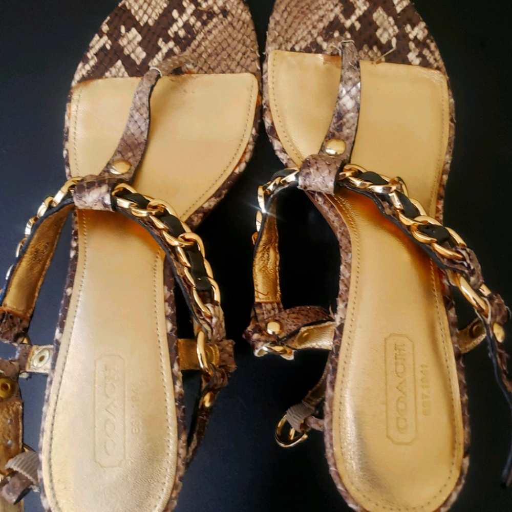 Snakeskin Wedges Embossed Leather Sandals COACH